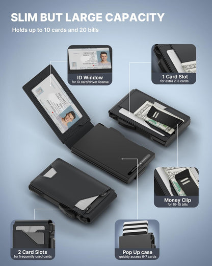 typecase Tactical Wallet for Men Card Holder: Pop Up Card Case, Genuine Leather, Smart, RFID Blocking, Slim, Minimalist, Thin, Front Pocket - 13 Card Capacitiy, ID Window, Money Clip (Dark Black)