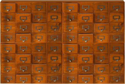 Huge 64-Drawer Wooden Storage Box Traditional Apothecary Curio Cabinet in Vintage Wood - Card Catalog Library Desk Drawer w/Label Holders Handles - Multi Level Countertop Arts and Craft Organizer
