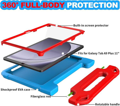 YIHE Kids Case for Samsung Galaxy Tab A11 Plus 2025 & A9 Plus 2023 11 Inch, Shockproof Handle Stand Cover with Built-in Screen Protector, Blue&Red
