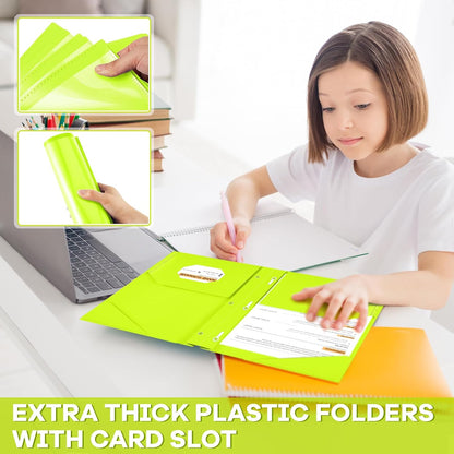 Henoyso 36 Pcs Plastic Folder with Clear Front Pocket and 3 Prong Plastic Folders with Card Slot Pocket Folders with Prongs for School Office (Fluorescent Green)