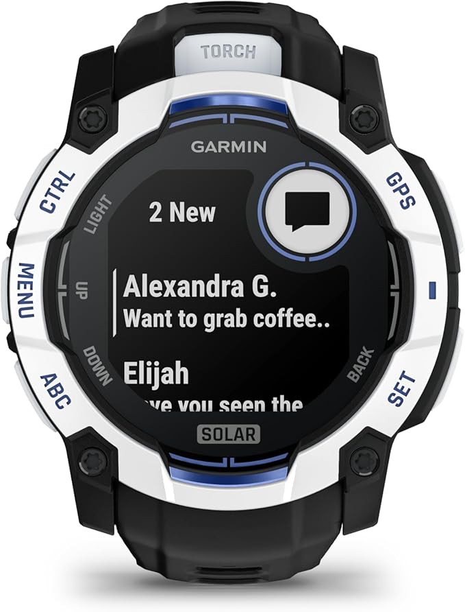 Garmin Instinct® 3 – 50 mm, Solar, Rugged Outdoor GPS Smartwatch, Built-in Flashlight, Supernova Collection Limited Edition Color, Whitestone with Black/Bolt Blue Silicone Band
