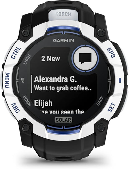 Garmin Instinct® 3 – 50 mm, Solar, Rugged Outdoor GPS Smartwatch, Built-in Flashlight, Supernova Collection Limited Edition Color, Whitestone with Black/Bolt Blue Silicone Band