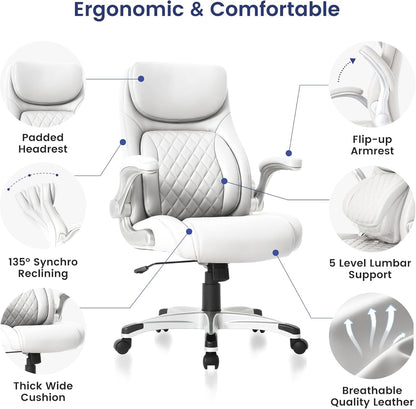 Nouhaus Ergonomic Office Chair Premium Microfiber Leather Adjustable Lumbar Support & Armrests, High Back Comfy Desk Gaming Chairs Executive Computer Swivel Chair Tilt Function(Posture,White)