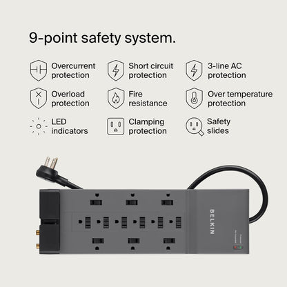 Belkin Surge Protector Power Strip w/ 12 AC Outlets & 8ft Long Flat Plug, UL-listed Heavy-Duty Extension Cord for Home, Office, Travel, Computer, Laptop, Phone Charger - 3,940 Joules of Protection