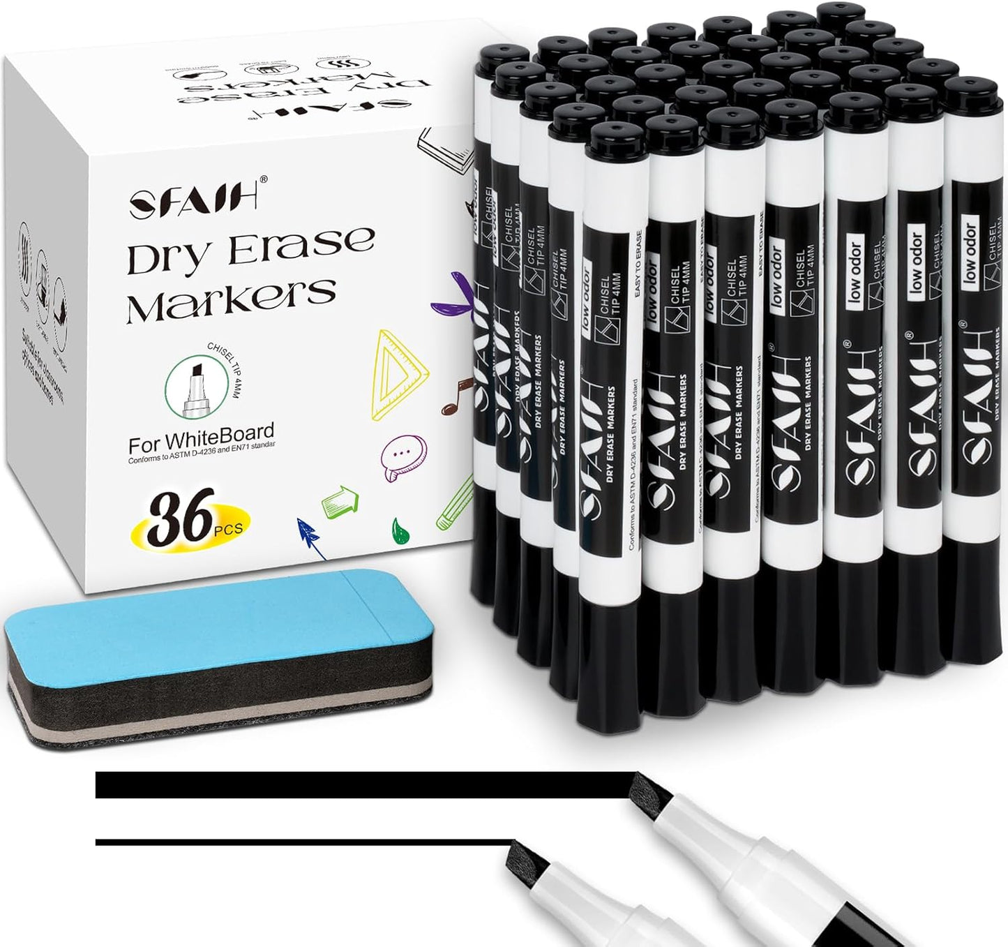 SFAIH Dry Erase Markers Chisel Tip with Magnetic Whiteboard Eraser, 36 Bulk Pack Black White Board Markers for Teachers & Students, Versatile Lines, 1s Quickly Dry, Perfect for Classroom and Office