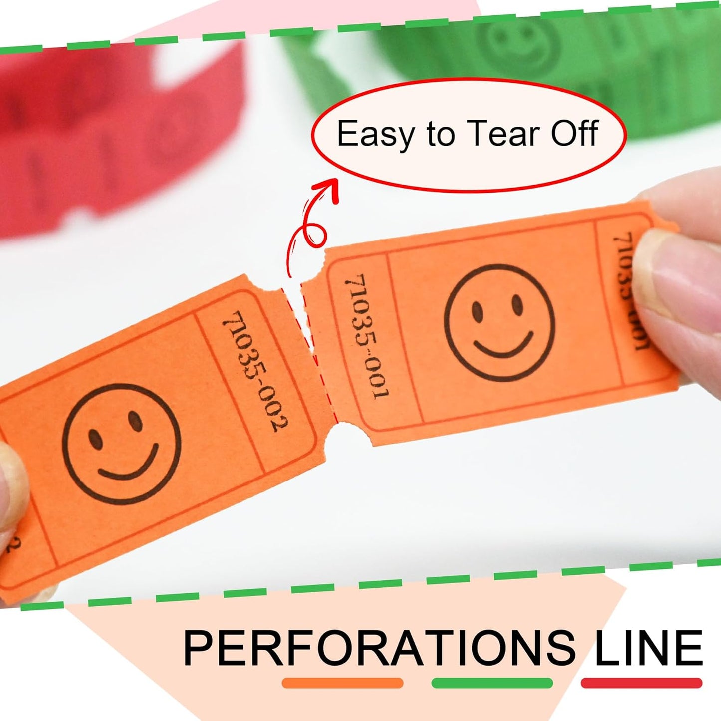L LIKED 1500 Raffle Ticket Rolls, 3 Assorted Colors, 1x2 Inch Smile Ticket for Events, Entry, Class Reward, Parties, Giveaways&Prizes (Red, Orange, Green)