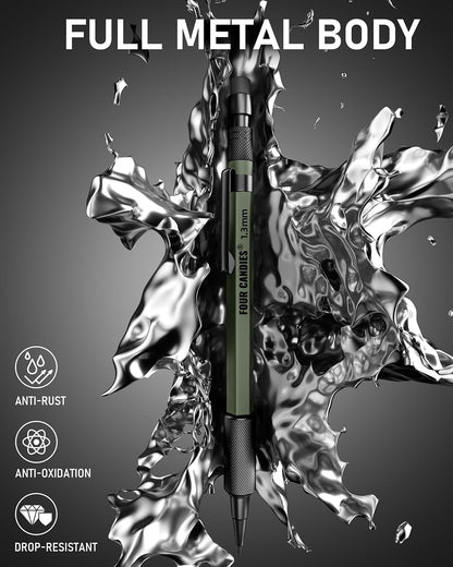 Four Candies 1.3mm Mechanical Pencil Set with 72 Lead Refill, 3PCS Metal Weatherproof Body Heavy Duty Carpenter Pencil, 3 Eraser, 16 Eraser Refill, for Outdoor Woodworking Drafting Marking with Case