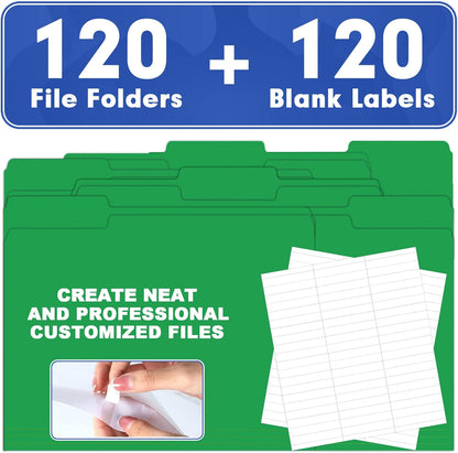 File Folder, HERKKA 120 Pack 1/3 Cut Tab File Folders, File Folders Great for Organizing and Filing, Letter Size, Green