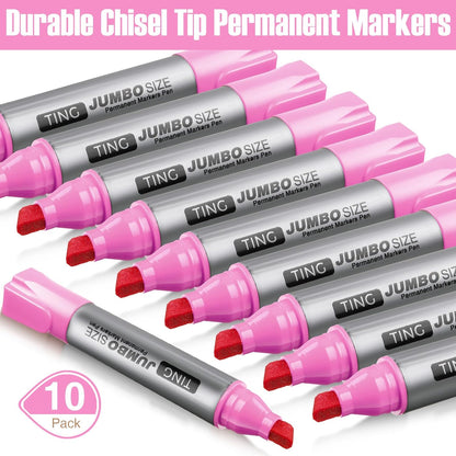 Fuutreo 10 Pack Jumbo Permanent Markers Bulk Large Chisel Tip Permanent Markers Quick Drying Waterproof Big Huge Poster Pens for Office, Logistics Company and More(Pink)