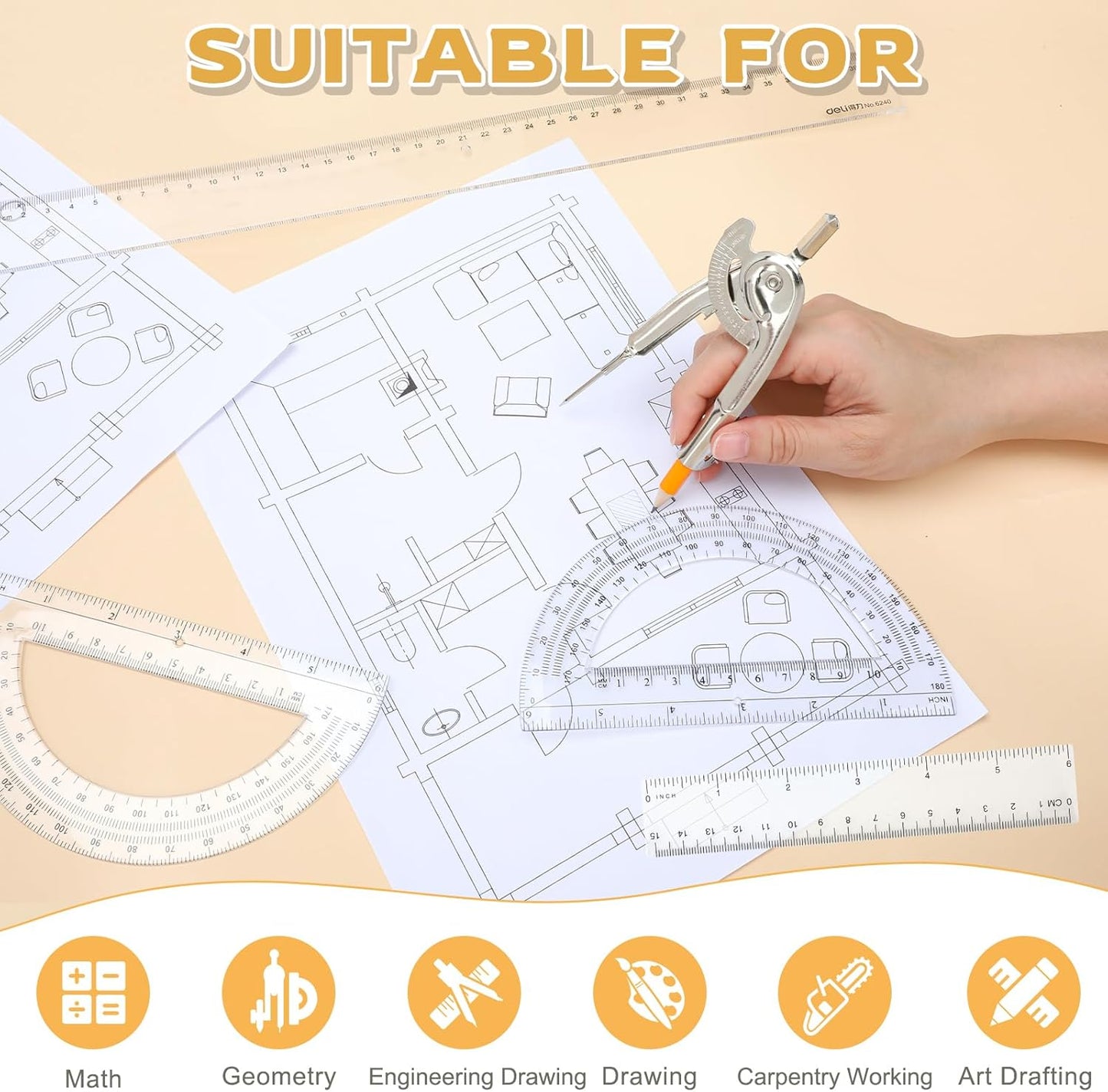 40 Pieces Geometry Math Set Compass for Geometry Math Compass and Protractor Set Include Metal Compass with Pencil Plastic Ruler and Protractor for Student School Office Woodworking Drawing Tools