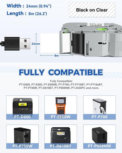 Tze151 24mm 0.94" Laminated Clear Tape Compatible for Brother Tze-151 Tz-151 P Touch Tz Tze Label Tape 24mm 1" Black on Clear for PTD600 PTD610BT PTP710BT PTP750W PTE550W Label Maker, 4-Pack
