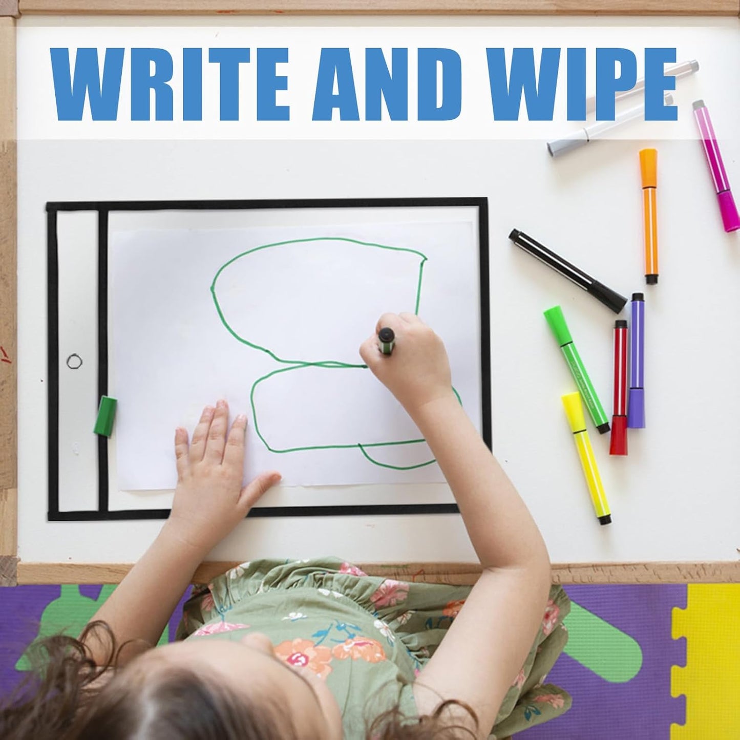 Heavy Duty Dry Erase Pockets 8.5x11, Plastic Paper Sleeves Job Ticket Holder 50 Pack Clear Sheet Protectors 8.5 x 11 Clear Document Sleeves for Shop Office Classroom Home, Black