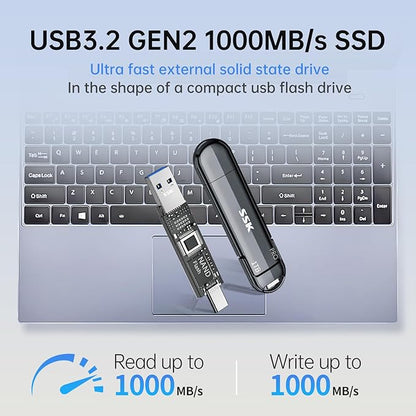 SSK 1TB USB Flash Drive SSD, External TLC NAND Solid State Drive Dual USBC & USBA Ports, Up to 1000MB/s High-Speed Portable 1TB USB Thumb Drive for iPhone 15/16/17 Pro Mac Android PC Backup