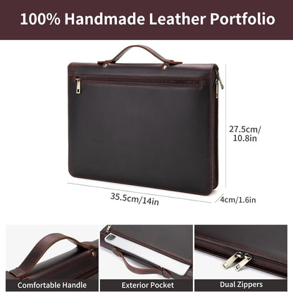 Genuine Leather Portfolio with Hidden Handle, Zippered Front Pocket, Business Padfolio for Men and Women, 8.5 x 11 Legal Pad Notebook Holder, Office Letter Notepad Folio, Dark Brown