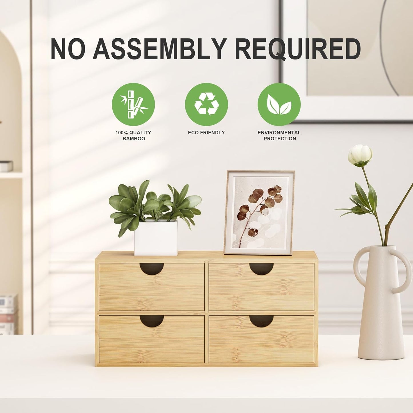 Bamboo Desk Organizer with Drawers - Small Desktop Countertop Mini Tabletop Storage Container - No Assembly Required