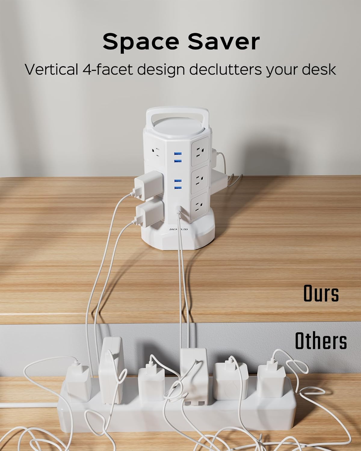 Power Strip Tower Surge Protector, JACKYLED 12 Outlets 6 USB (2 USB C) Charging Station, Extension Cord with Multiple Outlets, 1050J 1625W/13A Outlet Extender 6.5ft Extension Cord for Home Office