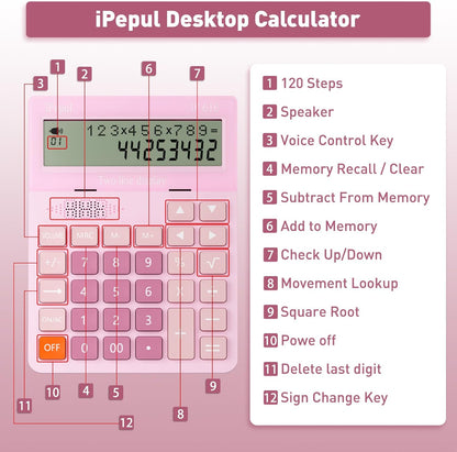 Calculators Desktop, Desk Calculator with Large 2 Line Display, Talking Basic Calculator with big Button & Adjustable Volume, 4 Function Calculators for Business, Students,School Office Supplies(Pink)
