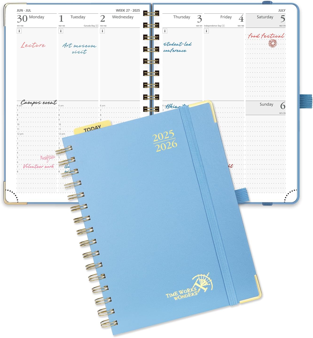 POPRUN Academic Planner 2025-2026 (July 2025-June 2026), Daily Weekly and Monthly Appointment Book (Wirebound Hard Cover - 6.25'' x 8.5'') with Hourly Time Slots, Tabs, 100 GSM - Haze Blue