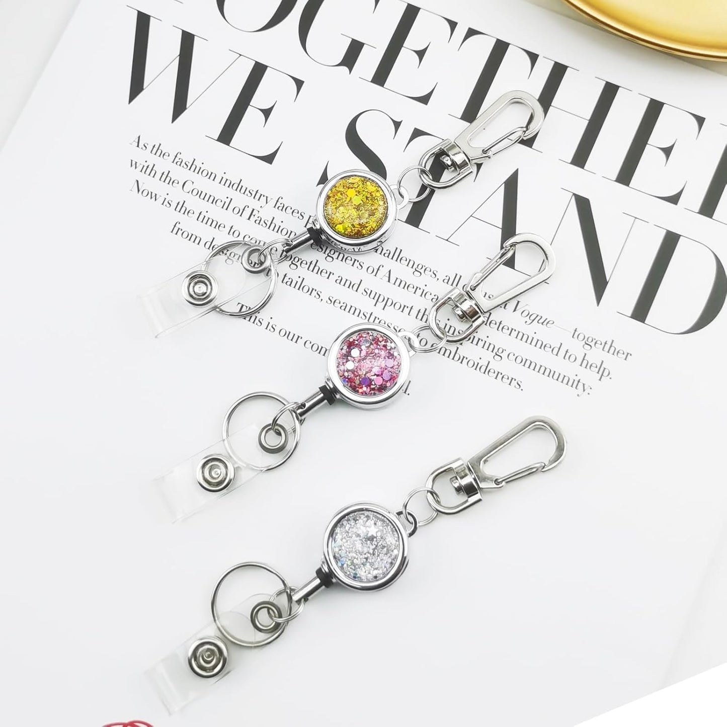 bolimoss 3 Pack Retractable ID Badge Reels with Glittery Shiny Design, Key Ring and Belt Clip,Sturdy Retractable Rope for Office Workers, Nurses, Teachers, Students (Golden, Pink, Silver)