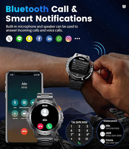 Military Smart Watches for Men(Answer/Make Calls) with LED Flashlight,530mAh Large Battery,1.43" AMOLED Outdoor Sports Smartwatch with 170+ Sport Modes,5ATM Waterproof Fitness Tracker for iOS Android