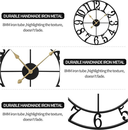 LEIKE Large Wall Clocks,Silent,Non Ticking,Battery Operated Big Retro Round Modern Metal Wall Clock for Living Room, Bedroom,Dinning Room,Farmhouse,Office,Home Decor-20 Inch(Black-Arabic Number)