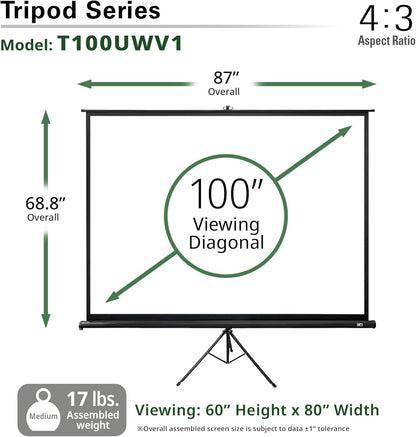 Elite Screens Tripod Series, 100-INCH 4:3, Adjustable Multi Aspect Ratio Portable Indoor Outdoor Projector Screen, 8K / 4K Ultra HD 3D Ready, US Based Company 2-YEAR WARRANTY, T100UWV1 - Black