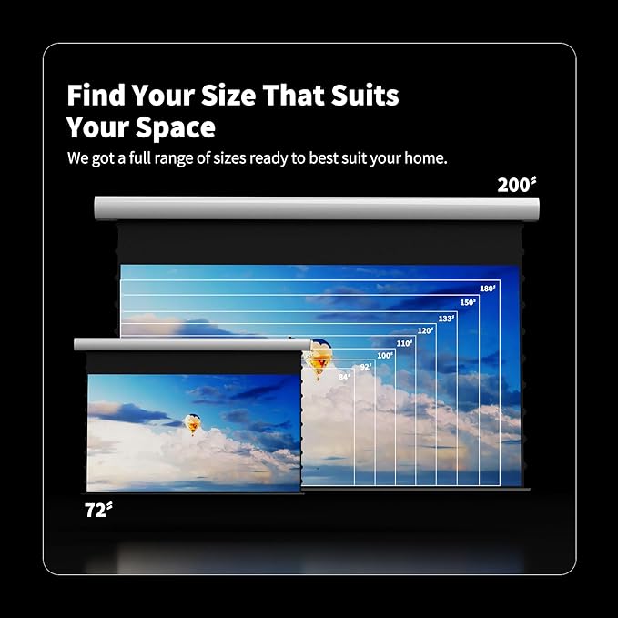 FlowArc Smart Motorized Drop Down Projector Screen Gray Fabric, Anti-Speckle,Wall/Ceiling Installation,Compatible for All Projectors (110”)