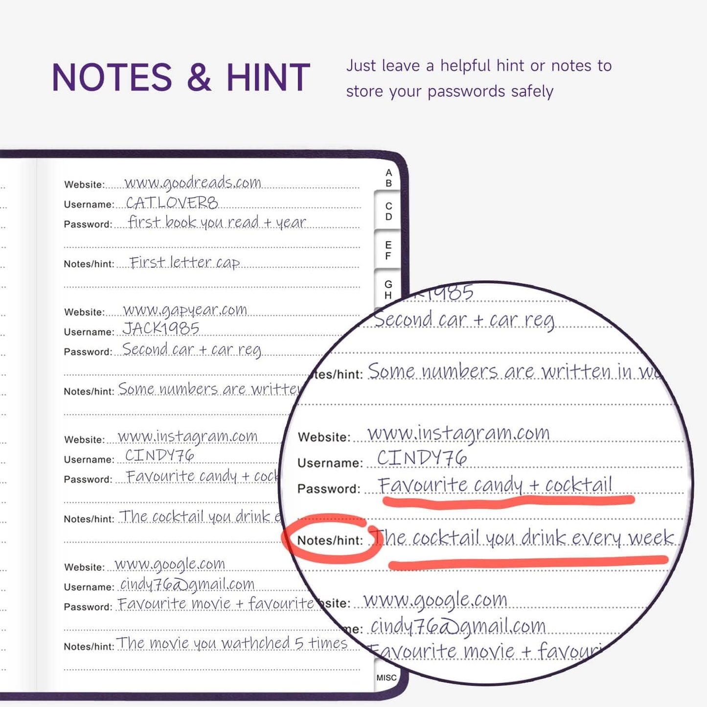 Password Book with Alphabetical Tabs – Hardcover Internet Address & Password Organizer – Password Keeper Notebook for Computer & Website – 5.2 x 7.6" Log-in Password Journal w/Thick Paper (Purple)