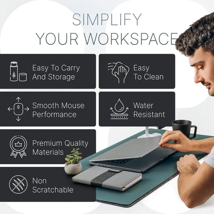 Nordik Felt and Leather Desk Mat Non-Slip - Green - 35 X 17 Inch - Dual Layer - Felt and Vegan Leather Desk Pad - Document Organizers - Blotter and Desktop Mat - Protector Laptop Matt for Desktop