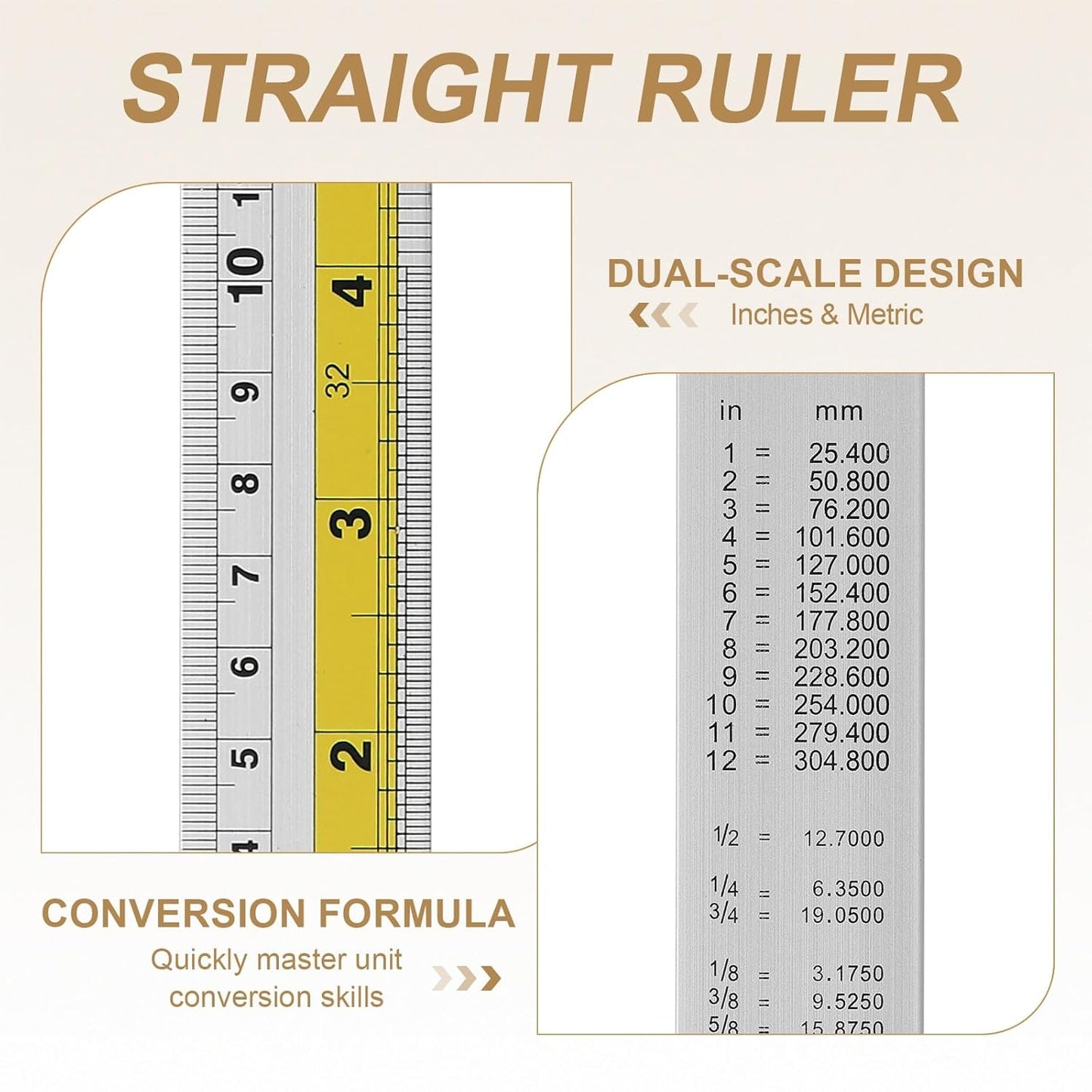 HARFINGTON 4pcs Metal Straight Ruler 20cm Metric SAE Aluminum Alloy Measuring Rulers Scale Tool with Hole for Measure Study Reading Classroom Office, Yellow