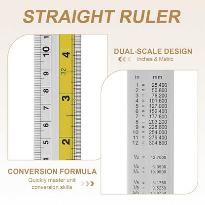 HARFINGTON 4pcs Metal Straight Ruler 30cm Metric SAE Aluminum Alloy Measuring Rulers Scale Tool with Hole for Measure Study Reading Classroom Office, Yellow
