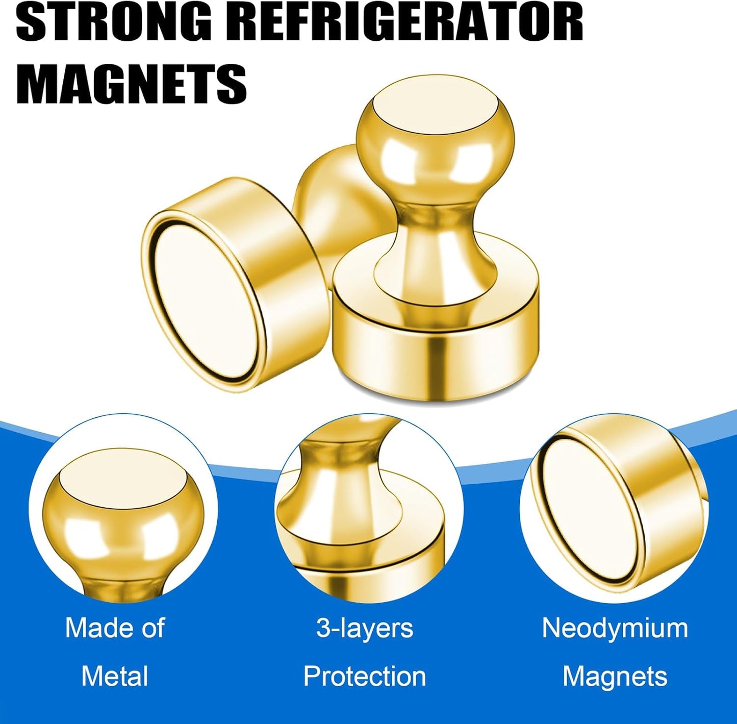 LOVIMAG Gold Fridge Magnets, 16 PCS Refrigerator Magnets - Strong Neodymium Metal Push Pin Magnet for Whiteboard, Kitchen, Office, Locker