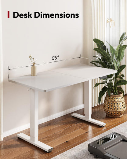 SANODESK Standing Desk Height Adjustable Electric Stand up Desk 55x24 Inches Sit Stand Home Office with Splice Board, White Frame/White Top