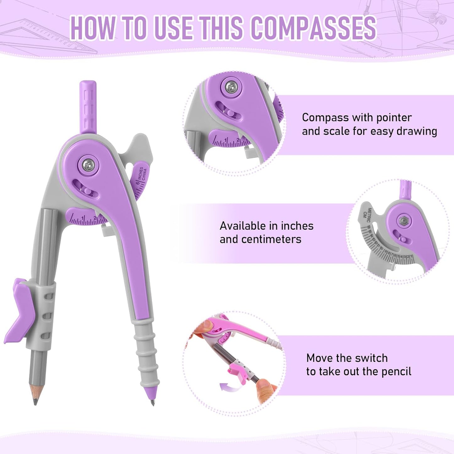 EBOOT Student Geometry Math Set, Drawing Compass and 6 Inch Clear Swing Arm Protractors 180 Degree Math Protractor (Lavender Purple)
