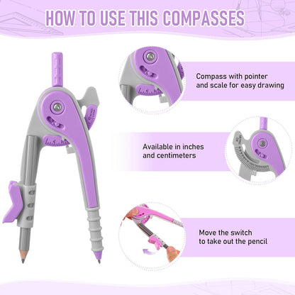 EBOOT Student Geometry Math Set, Drawing Compass and 6 Inch Clear Swing Arm Protractors 180 Degree Math Protractor (Lavender Purple)