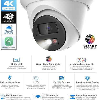4K IP PoE Camera, Upscaled 8MP PoE Camera Outdoor with Mic/Audio, 98ft IR/Color Night Vision, Human & Vehicle Detection, 127° FOV, MicroSD (256GB), Hik-connect/iVMS4200