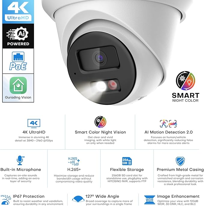 4K IP PoE Camera, Upscaled 8MP PoE Camera Outdoor with Mic/Audio, 98ft IR/Color Night Vision, Human & Vehicle Detection, 127° FOV, MicroSD (256GB)