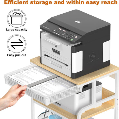 EasyCom Extra Large 3 Tier Printer Table with Wheels, 5-Adjustable Heights, Drawer & Storage for Printer Scanner Fax Home Office Use