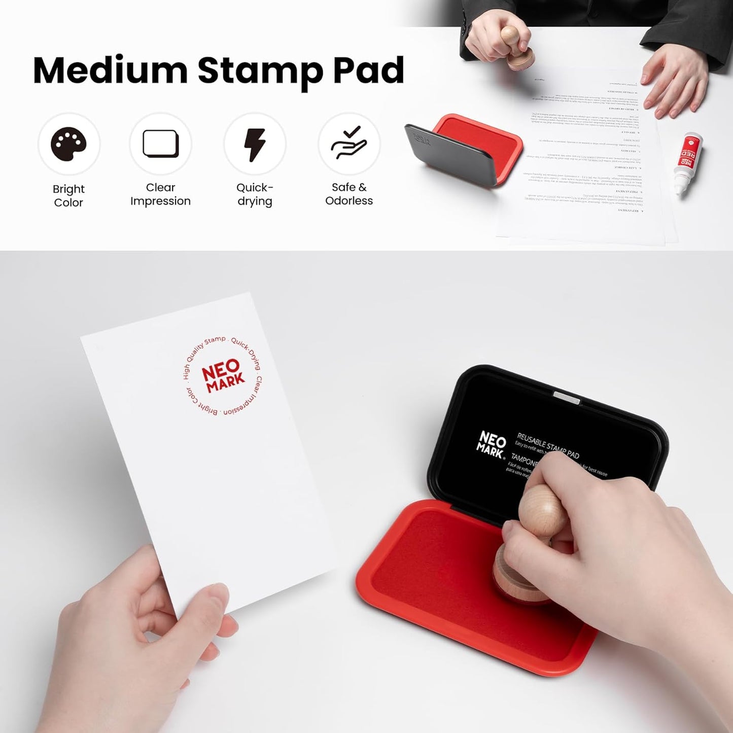 Medium Stamp Pad Kit (1oz Ink Included)-2.8"x 4.4", Magnetic Lid, Premium Quality Felt Stamp Pad (Red)