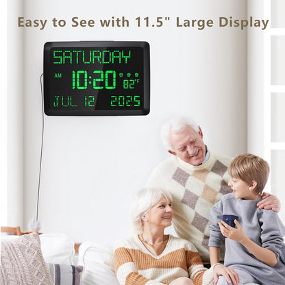 Raynic Day Clock, 11.5" Large Display Calendar Clock with Day and Date, Indoor Temperature, Adjustable Brightness, Snooze,12/24H, DST for Home, Office, Elderly