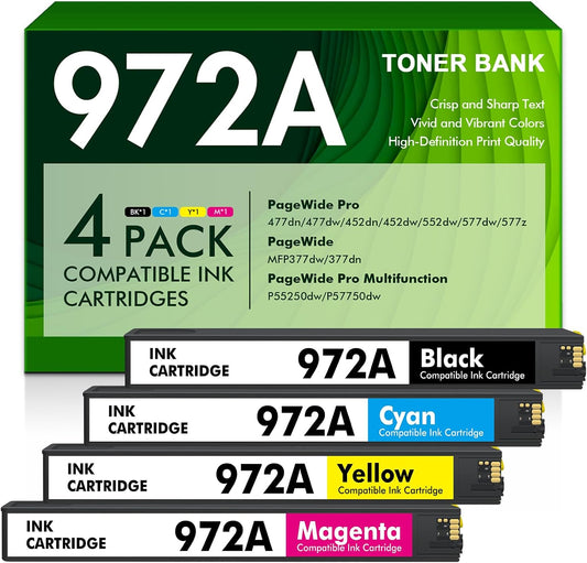 972A 972X Ink Cartridges Remanufactured Replacement for HP 972 A for HP Pagewide Pro MFP 477dw 577dw 477dn 452dn 552dn 552dw P55250dw Printer High Yield (4 Pack, Black Cyan Yellow Magenta)
