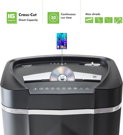 Aurora Anti-Jam 16-Sheet Crosscut Paper/CD and Credit Card Shredder/ 5-Gallon pullout Basket 30 Minutes Continuous Run Time