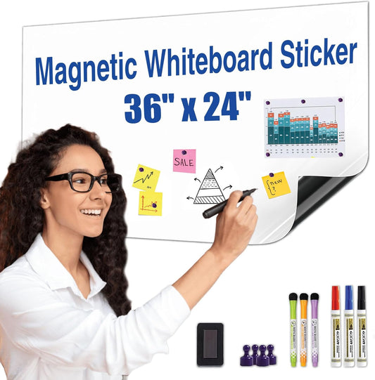 Magnetic Dry Erase Board Paper 36" x 24" Adhesive Backing White Board Sticker for Wall Peel and Stick Whiteboard Contact Paper for Office Home Include Starter Kit