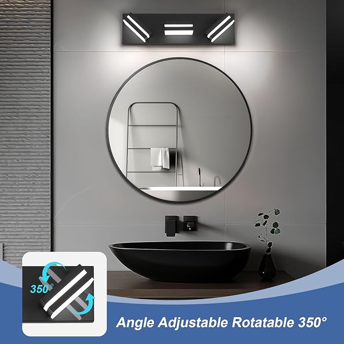 Modern LED Small Bathroom Lights Fixtures(3-Light),Metal Black Acrylic Wall Lighting,Vanity Lights for Bathroom Over Mirror(6000K 16in)