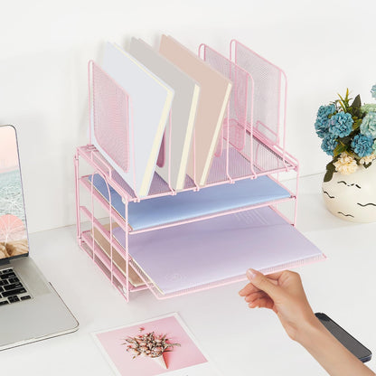 Paper Desk Organizer, 3-Tier Letter Tray with 5 Vertical File Holders, Multifunction Desktop Folder Organizers and Accessories for Home Office(Pink), LK-3CB
