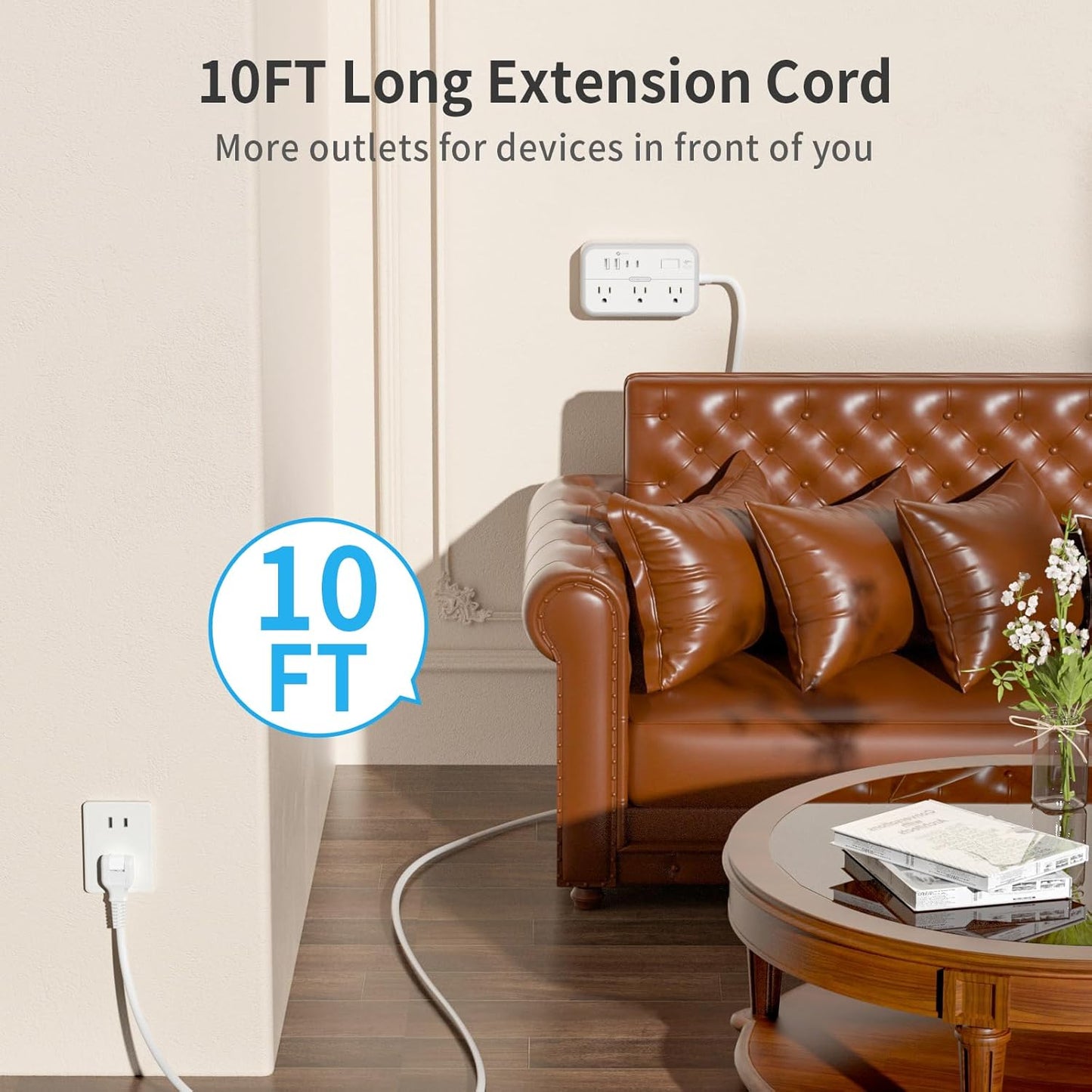 NTONPOWER 10FT Extension Cord with Surge Protector, 2 Prong to 3 Prong Adapter, 1875W Power Strip with 4 USB Ports (2 USB C), Wall Mount Flat Plug Extension Cord for Old House