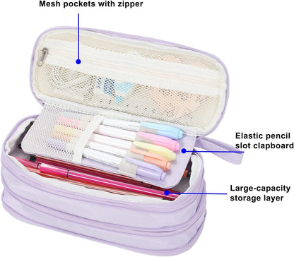 Large Pencil Case Zipper Pencil Pouch Organizer Big Capacity Pencil Bag with Handle Portable for Girls Kids Adults Gift Pen Case for School Home Office Purple