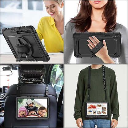 SEYMAC stock Case for Samsung Galaxy Tab S7 FE / S8 Plus 5G Case 12.4'' with Screen Protector Pencil Holder [360 Rotating Hand Strap] &Stand, Drop-Proof, Black