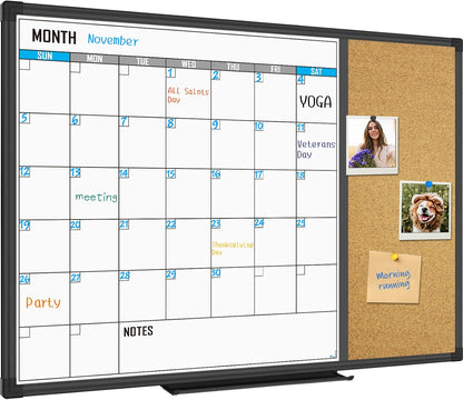 XBoard Dry Erase Calendar Whiteboard 28 X 20 - Combo White Board Calendar Monthly, Magnetic White Board + Corkboard with Black Aluminum Frame