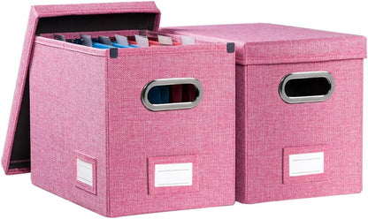 PRANDOM File Organizer Box - Set of 2 Collapsible Decorative Linen Filing Storage Hanging File Folders with Lids Office Cabinet Letter Size Pink (14x9.3x10.8 inch)